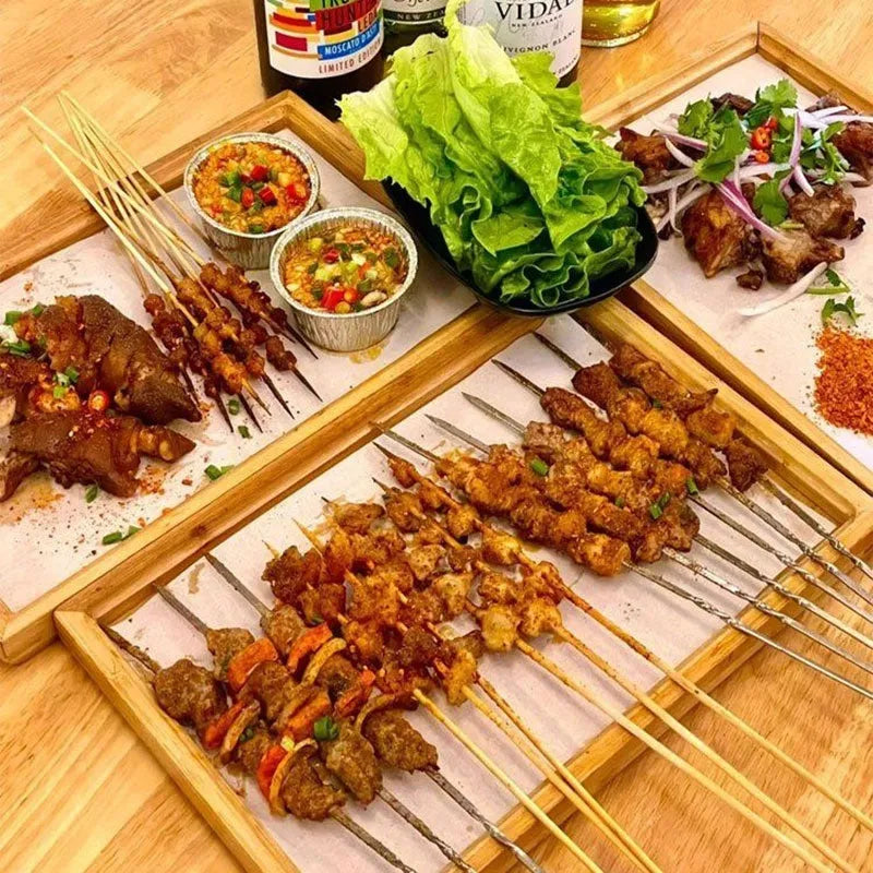 Square bamboo barbecue serving tray with brown handle in solid colour