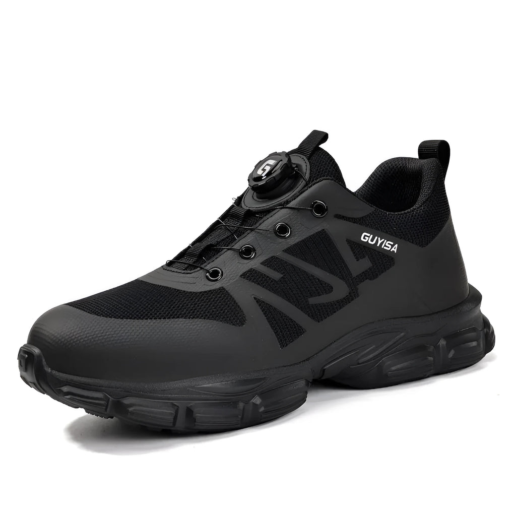 Black lightweight safety shoe with flyknit fabric upper and steel toe cap.
