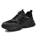 Black lightweight safety shoe with flyknit fabric upper and steel toe cap.