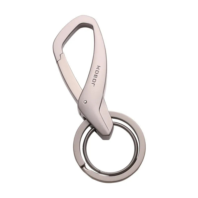 Zinc alloy double ring keychain in black, chrome or nickel colour showing 8.3cm by 3.5cm size