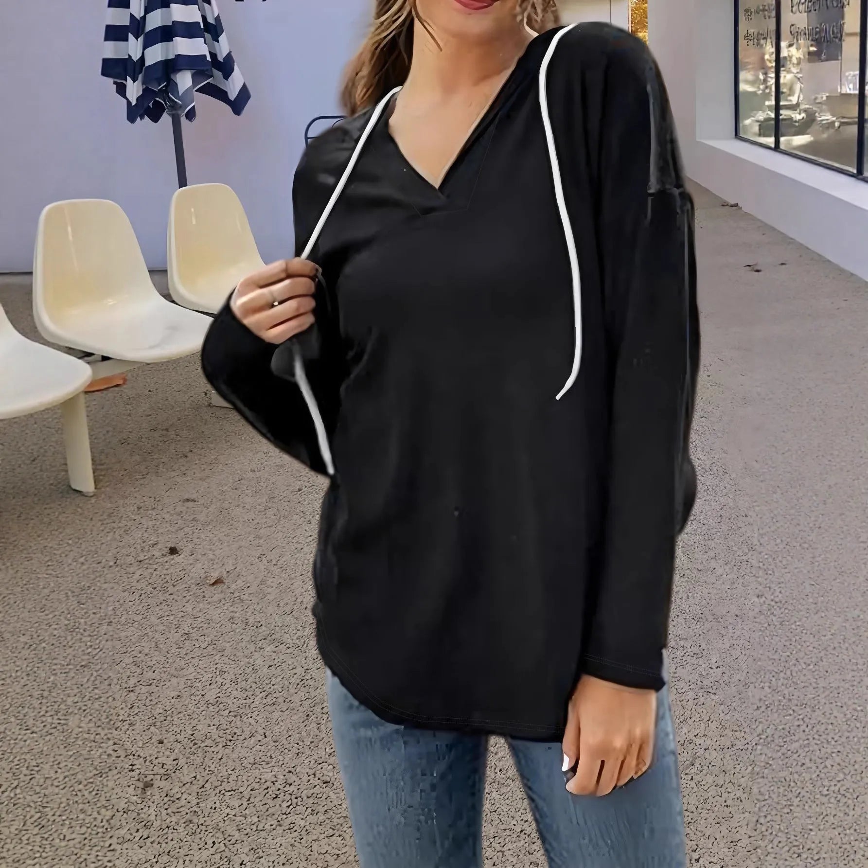 Women's red hooded V-neck sweatshirt with loose fit and long sleeves