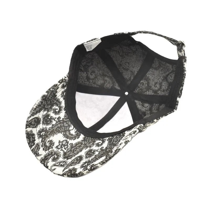 Blue polyester baseball cap with printed paisley pattern, dome crown style, size M 56-58cm