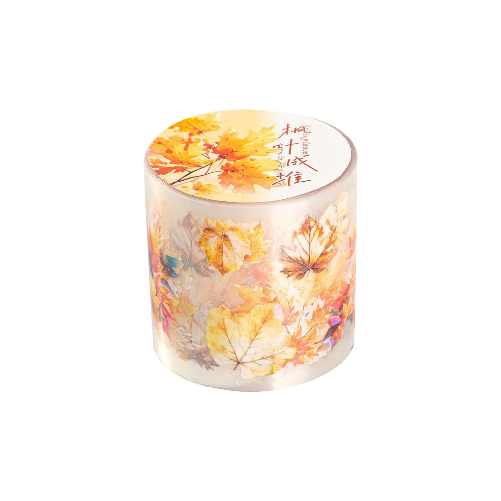 Roll of Deciduous Poetry Series 40mm wide decorative PET stickers showing six leaf designs including ginkgo and maple.