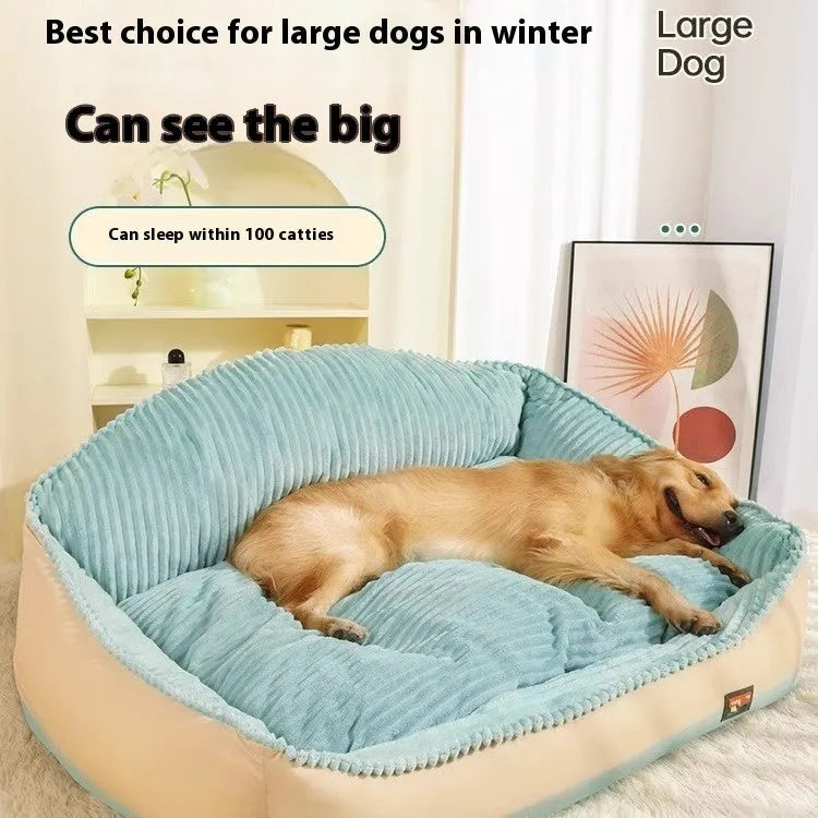 Morandi coloured removable cover pet bed for dogs and cats, shown in medium and large size options.