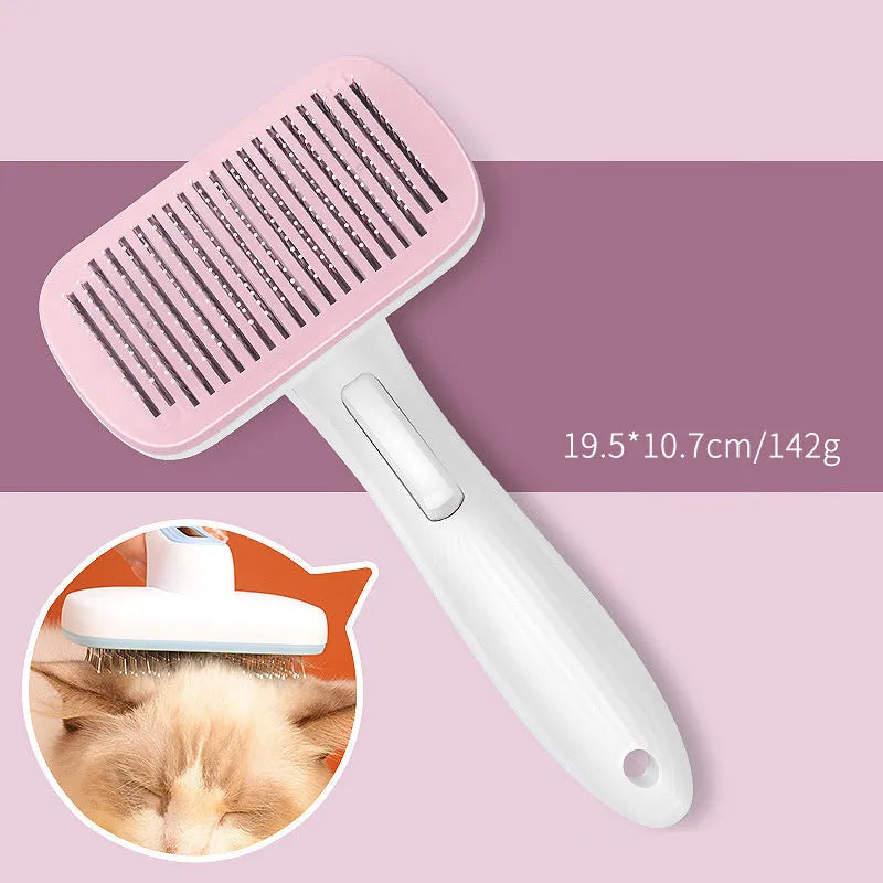 Automatic pet hair removal comb in blue, grey, green, or pink colours for dogs and cats