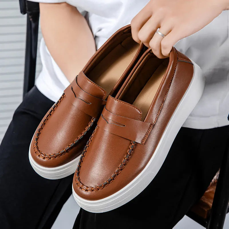 British style casual leather shoes in artificial PU material with round toe, shown in white colour