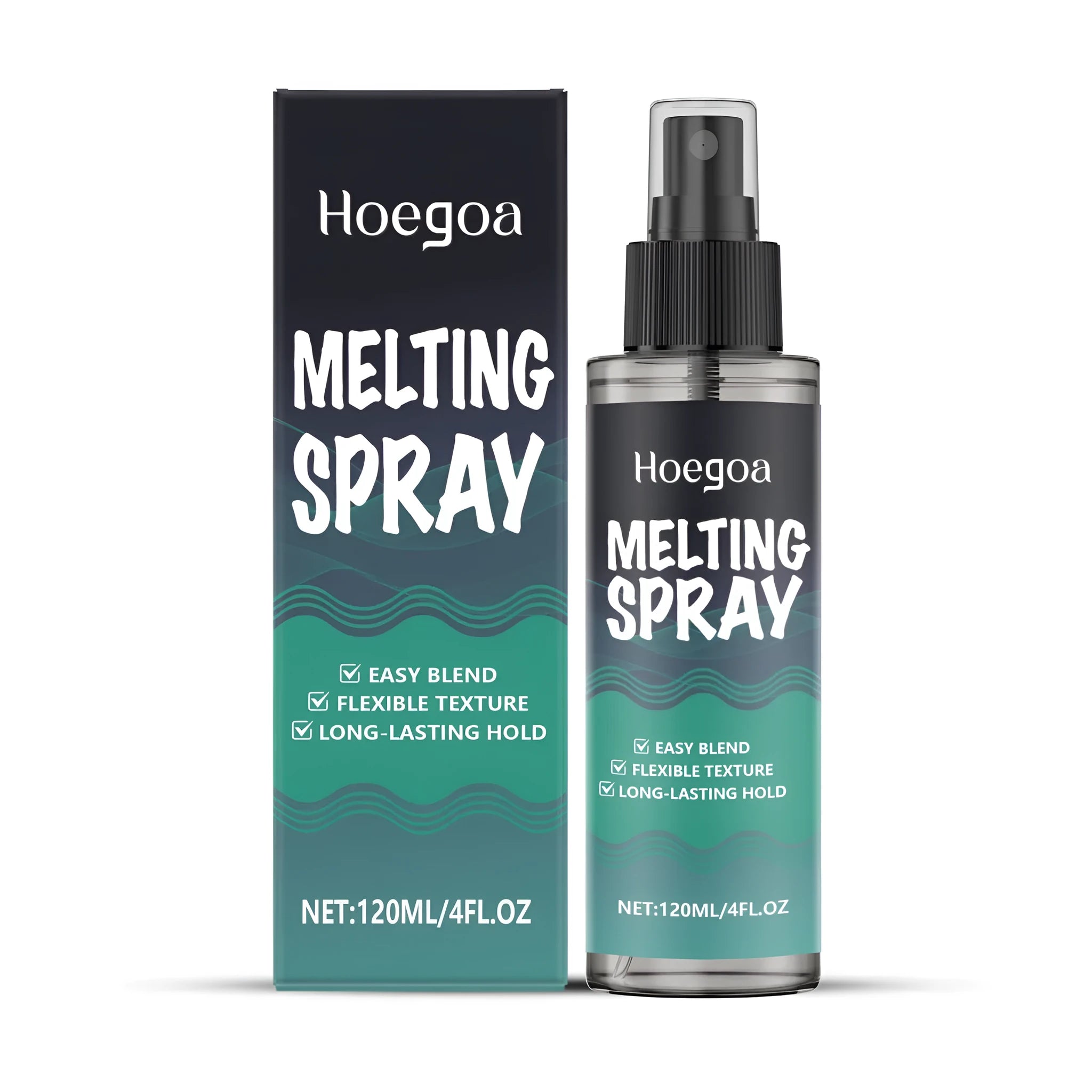120ml bottle of water-based melting spray with pump applicator for makeup and hair styling