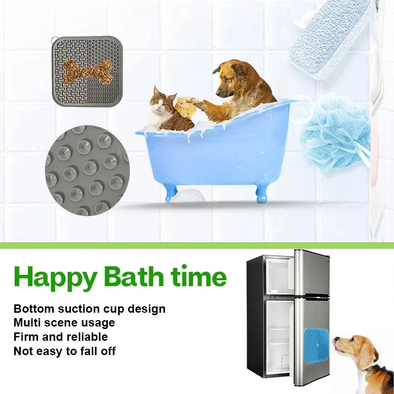 Orange, grey, blue, and green silicone dog licking mat with suction cups on a smooth surface.
