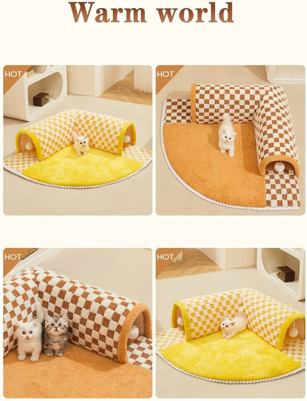 XL soft brown plaid cat tunnel bed with central mat and non-slip bottom on a wooden floor.