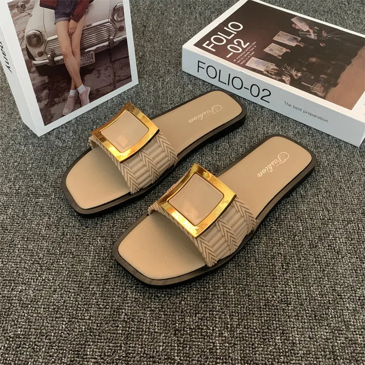 Women's summer casual flat slippers with PVC sole in apricot, black, or khaki colour options