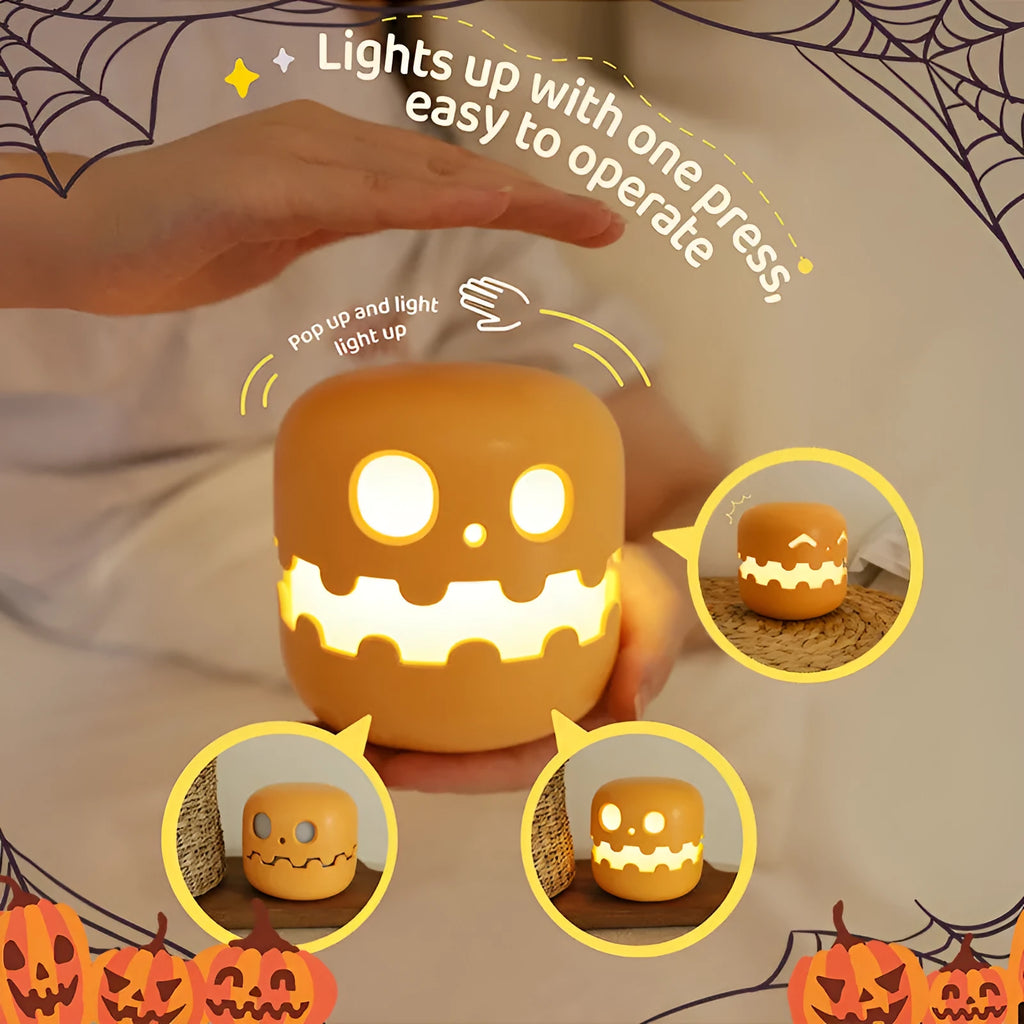 Pumpkin-shaped silicone night light with soft glow, 102mm x 94mm, cordless Halloween decoration