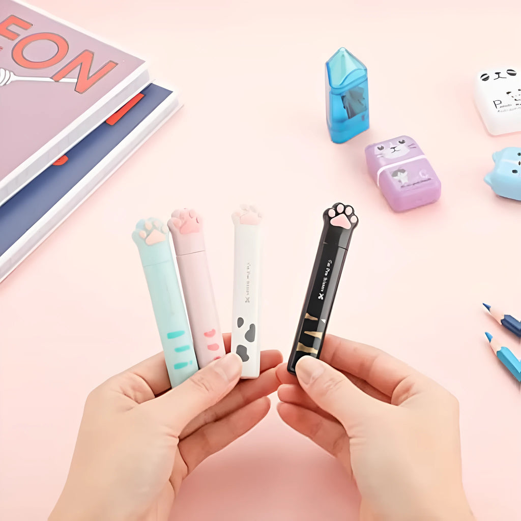 Cat paw mini folding scissors in four colours showing stainless steel blades and compact 8.7cm size