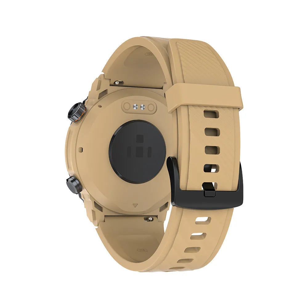 MG02 smart watch in black, khaki, or silver orange colours showing TFT touch screen and strap.