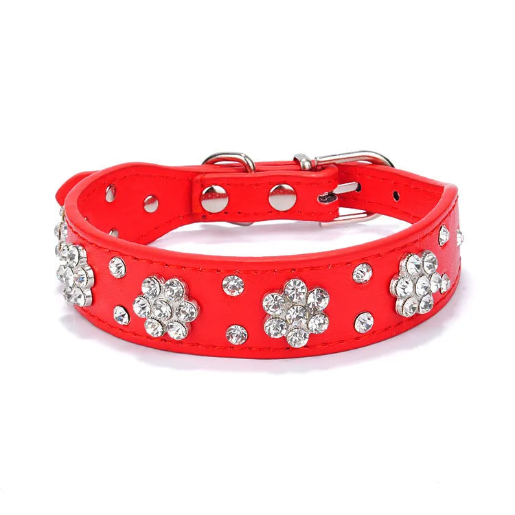 Black PU leather dog collar with silver rhinestone flower pattern and studs, shown on a small dog.