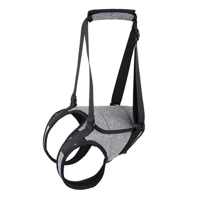 Grey neoprene dog rear leg recovery belt with adjustable waist and thigh straps