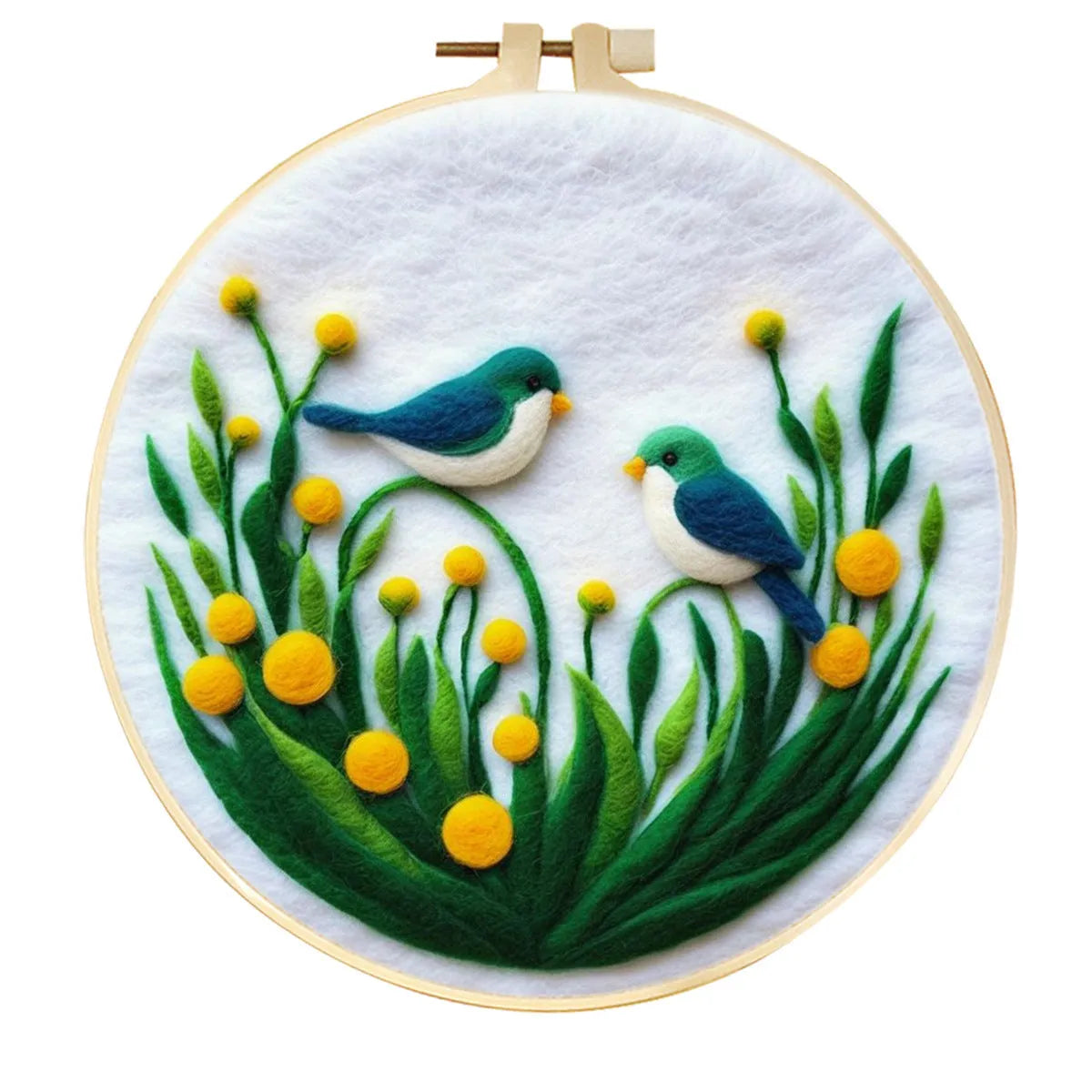 Round linen embroidery kit with wool felt pieces for 3D flowers and leaves, includes a free frame.