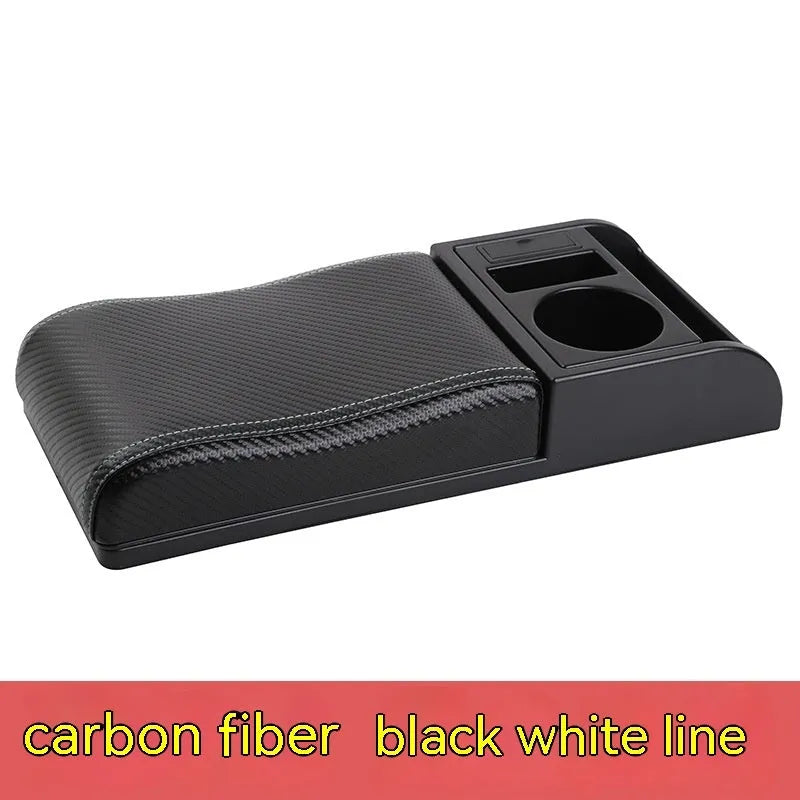 Universal automobile armrest cover with height adjustment in black PU leather finish