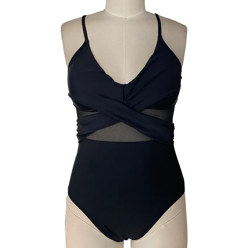 Women's mesh spliced backless one-piece swimsuit in solid colour black with polyester lining for swimming and wading sports