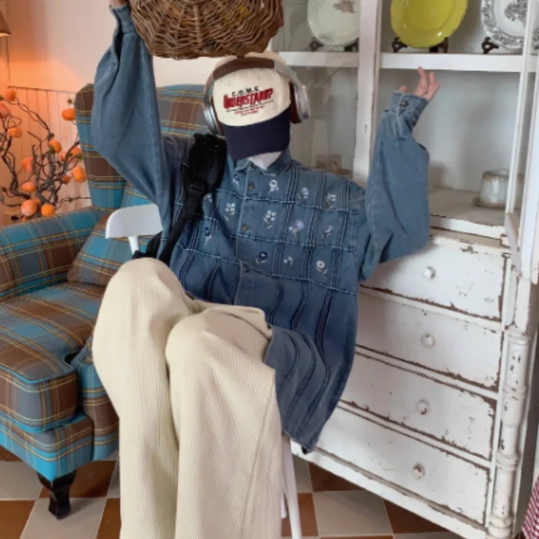 Vintage small floral pleated washed denim long sleeved shirt in washed blue colour with classic collar