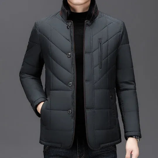 Men's dark blue cotton-padded winter coat with side seam pockets