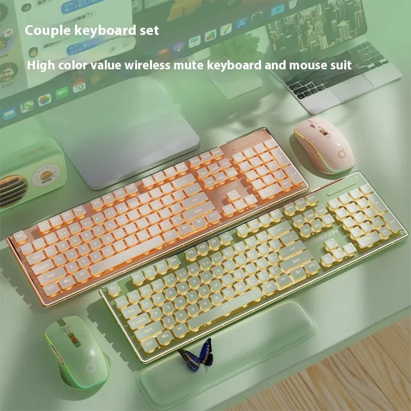 Prewalker V3 retro green coloured quiet keyboard and mouse set on a desk
