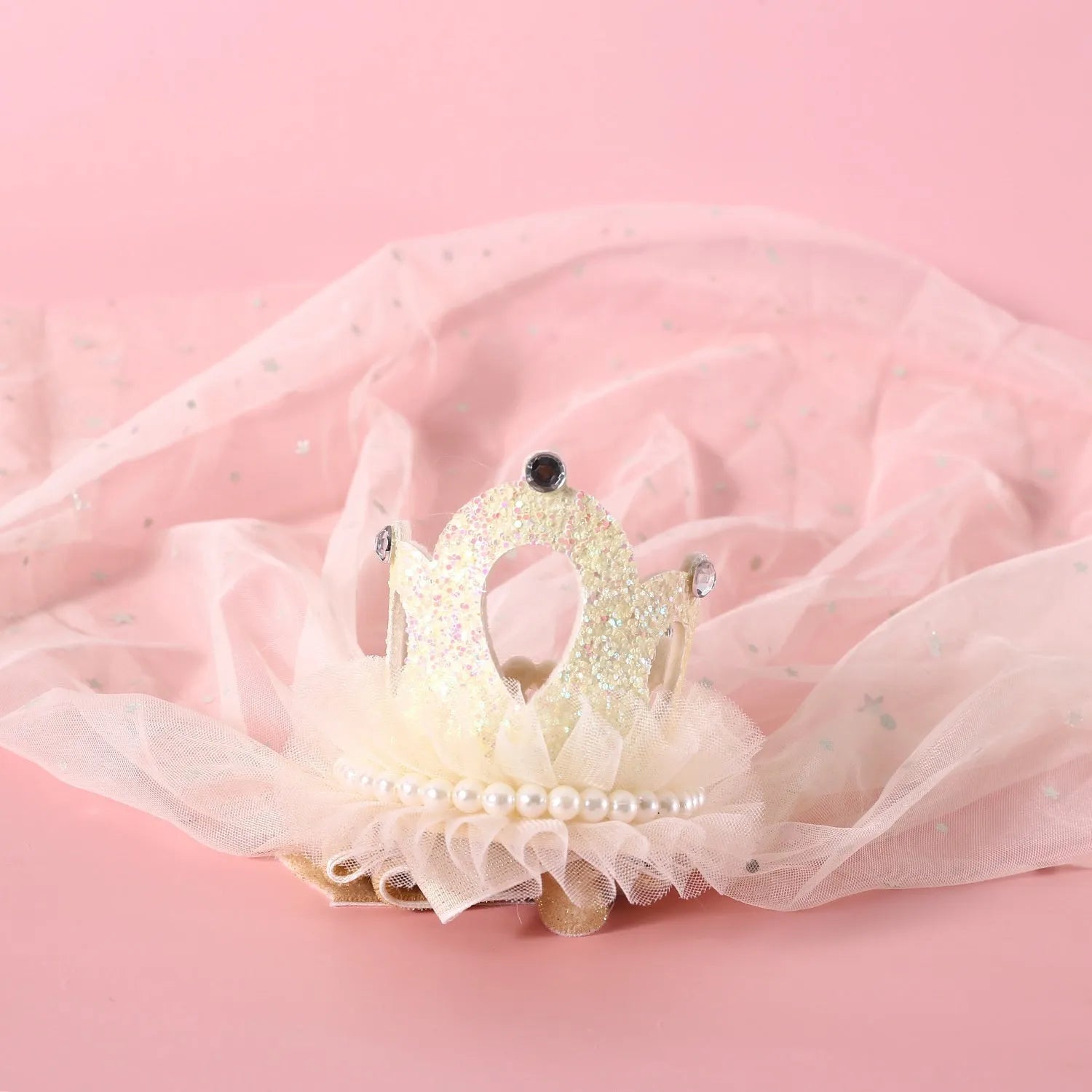 Princess crown headdress with veil for a cat, shown in beige and pink colour options.
