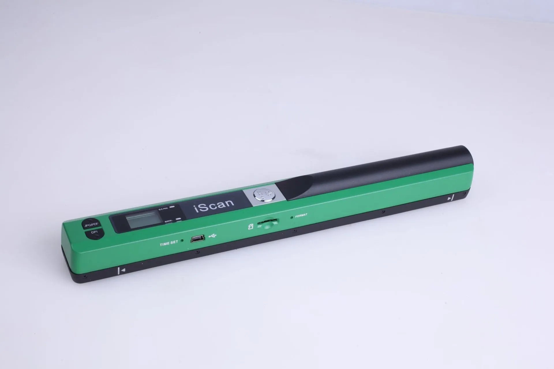 Handheld plastic barcode scanner in black, blue, green, red or silver colour with trigger button