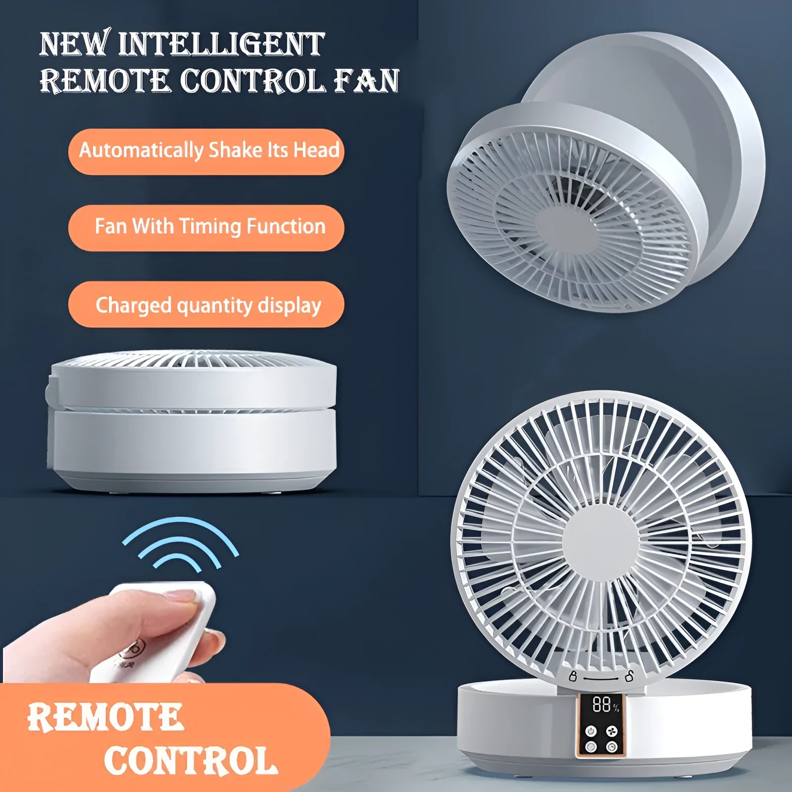 White portable electric fan with remote control showing folded design and night light function