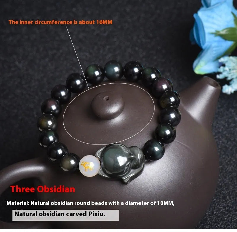 Natural obsidian stone bracelet with 10mm beads shown in gold, silver, and plain black style variations.