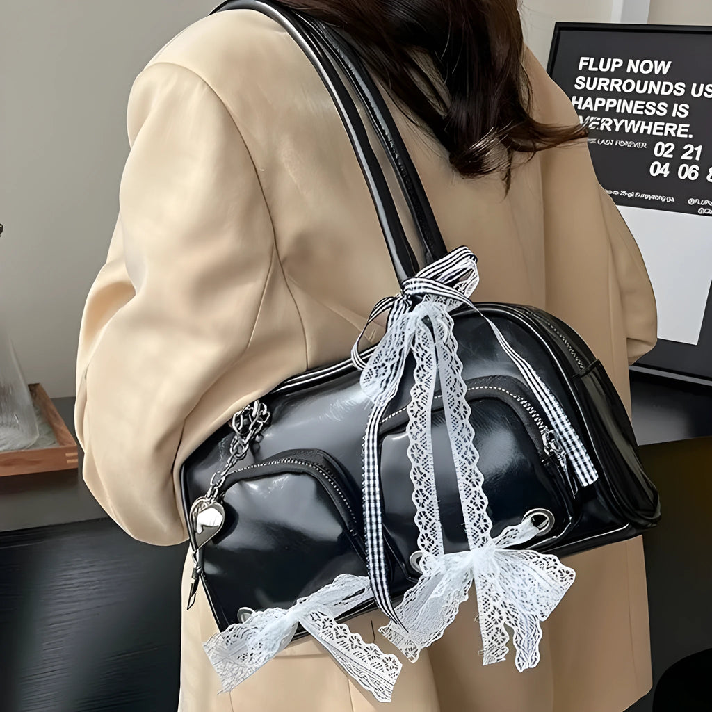Women's soft PU shoulder bag in horizontal square design with double adjustable straps