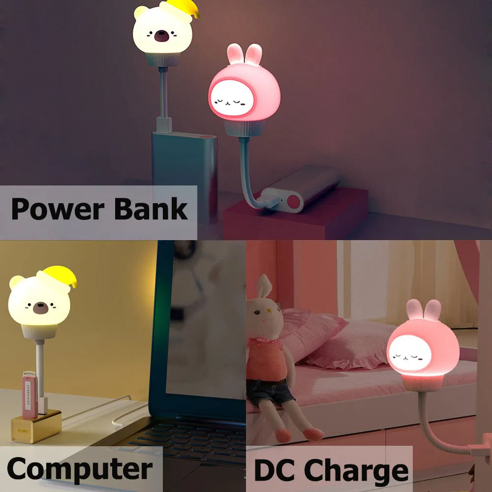 Cartoon bear or rabbit USB LED night light with remote control on a bedside table