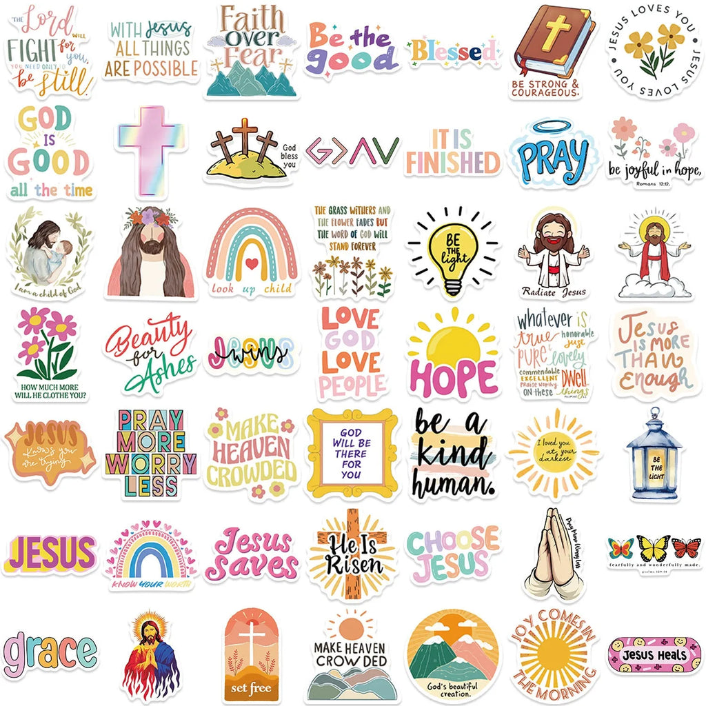 Assortment of 50 colourful printed graffiti-style vinyl stickers for personalising laptops and skateboards.