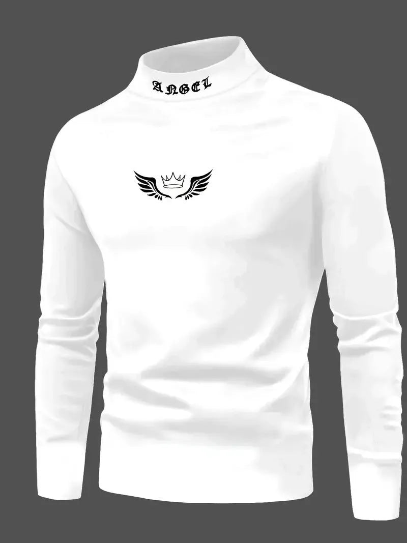 Casual crown print high neck long sleeve pullover top in white for youth, slim fit polyester blend