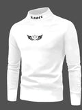 Casual crown print high neck long sleeve pullover top in white for youth, slim fit polyester blend
