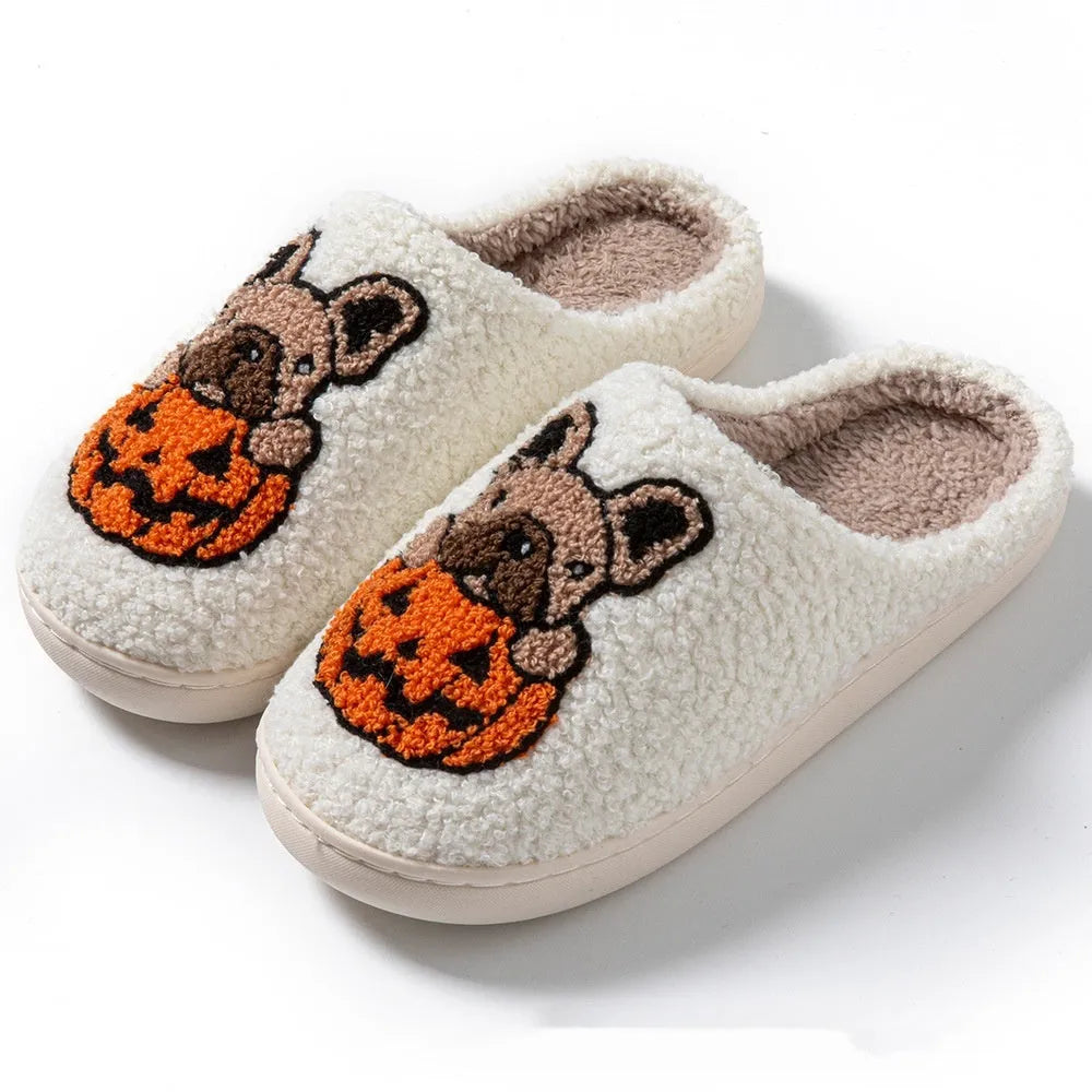 Halloween pumpkin design plush slippers with TPR rubber sole in black and white colours