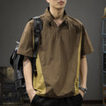 Men's brown half-zip stand collar business casual shirt with short sleeves and Ice Silk fabric texture