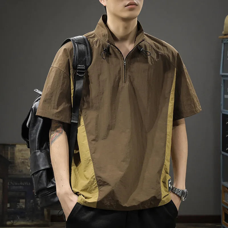 Men's brown half-zip stand collar business casual shirt with short sleeves and Ice Silk fabric texture