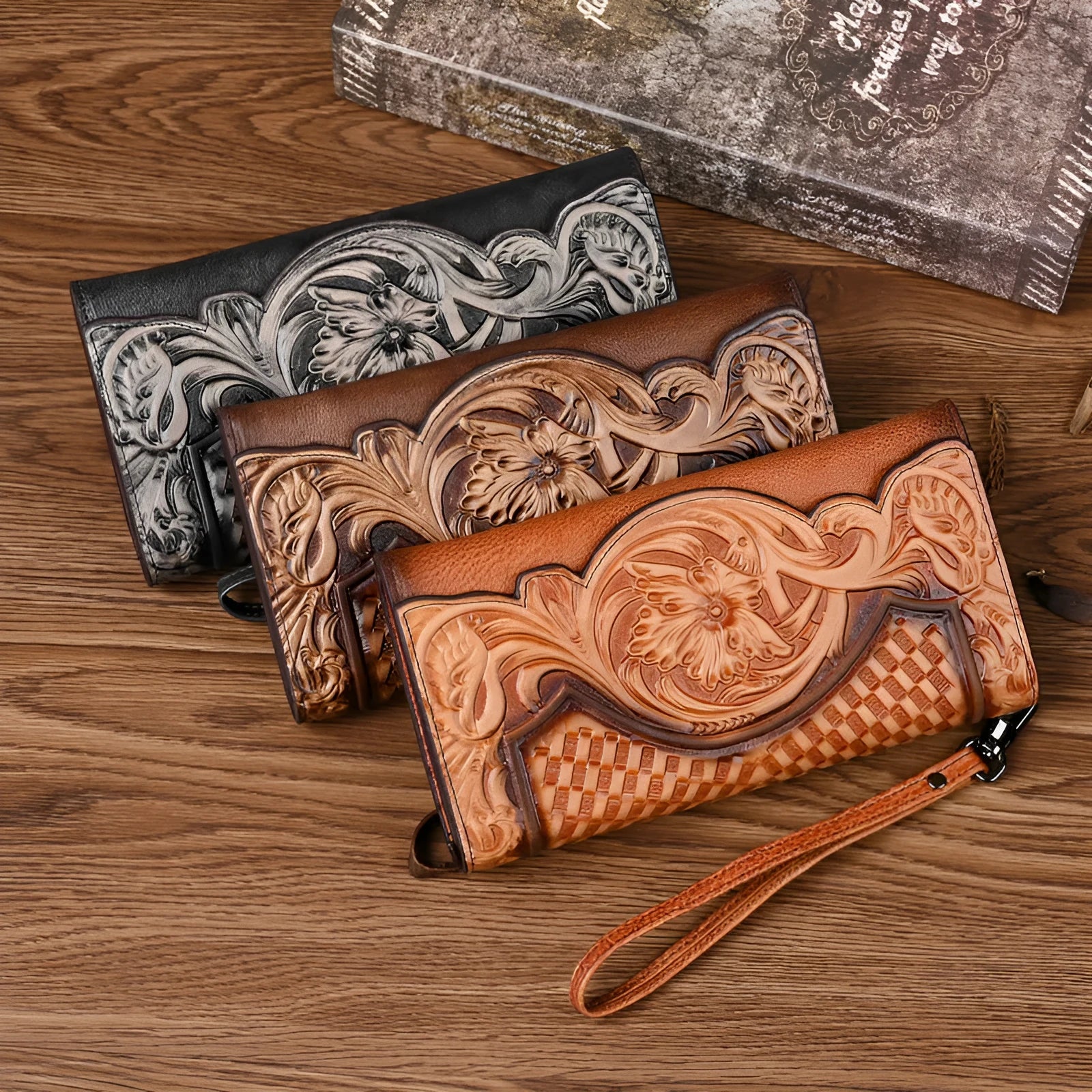 Chinese floral embossed tri-fold women's wallet in retro brown cowhide leather showing folded dimensions