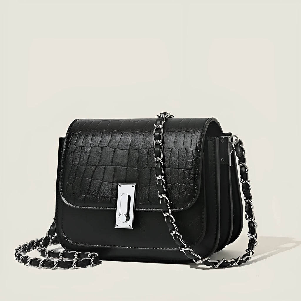Soft PU women's chain shoulder bag with square shape, sandwich pocket design and mobile phone compartment