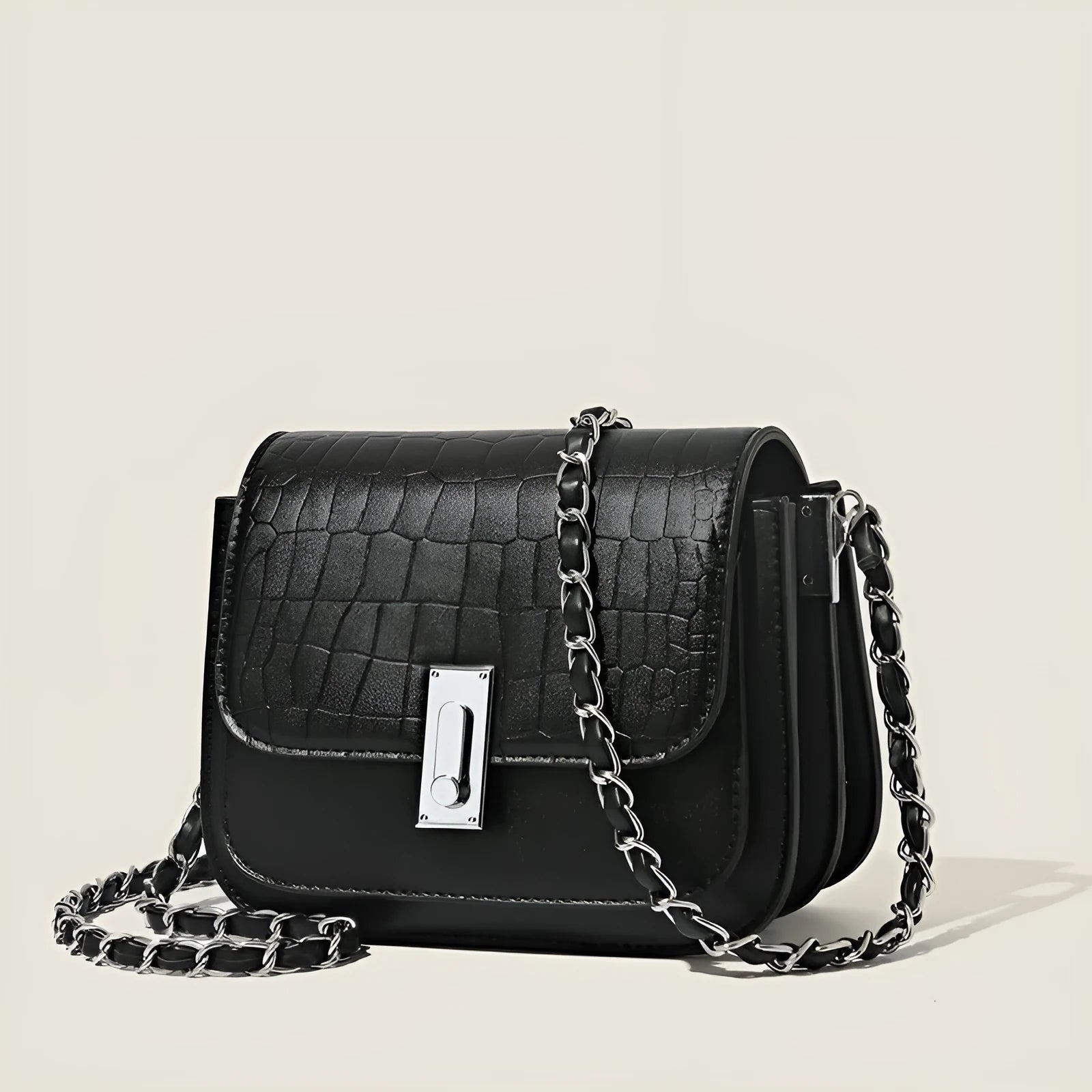 Soft PU women's chain shoulder bag with square shape, sandwich pocket design and mobile phone compartment