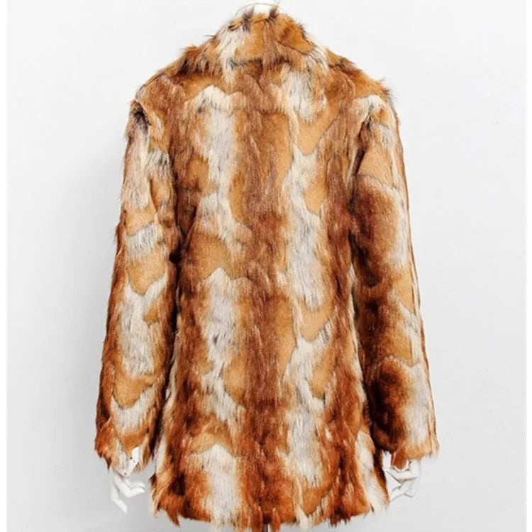 Women's slim-fit tiger pattern faux fur leather jacket on a hanger, showing long sleeves and medium length.