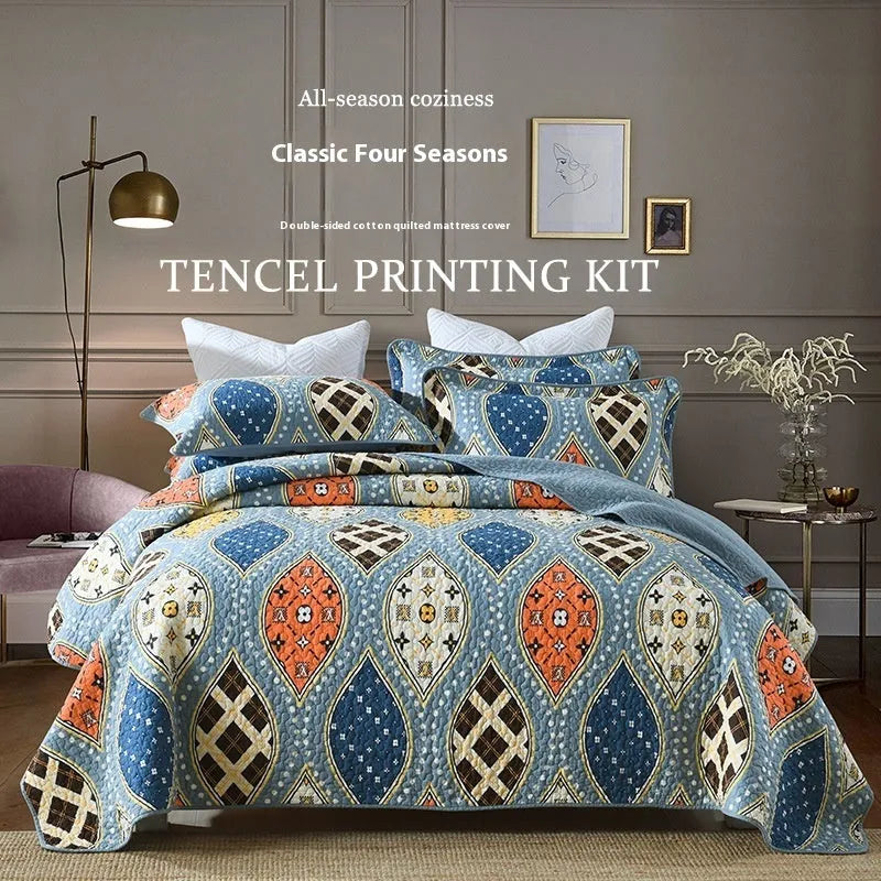 Quilted pure cotton bed cover set with pillowcases for 1.5-1.8 metre beds