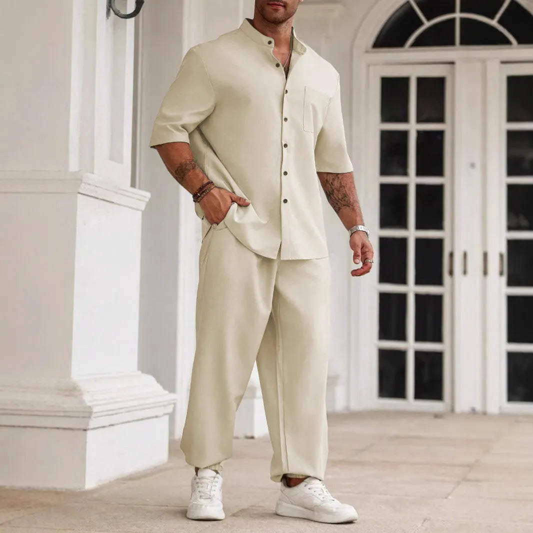 Men's cotton linen casual set with short-sleeve shirt and matching trousers in apricot colour