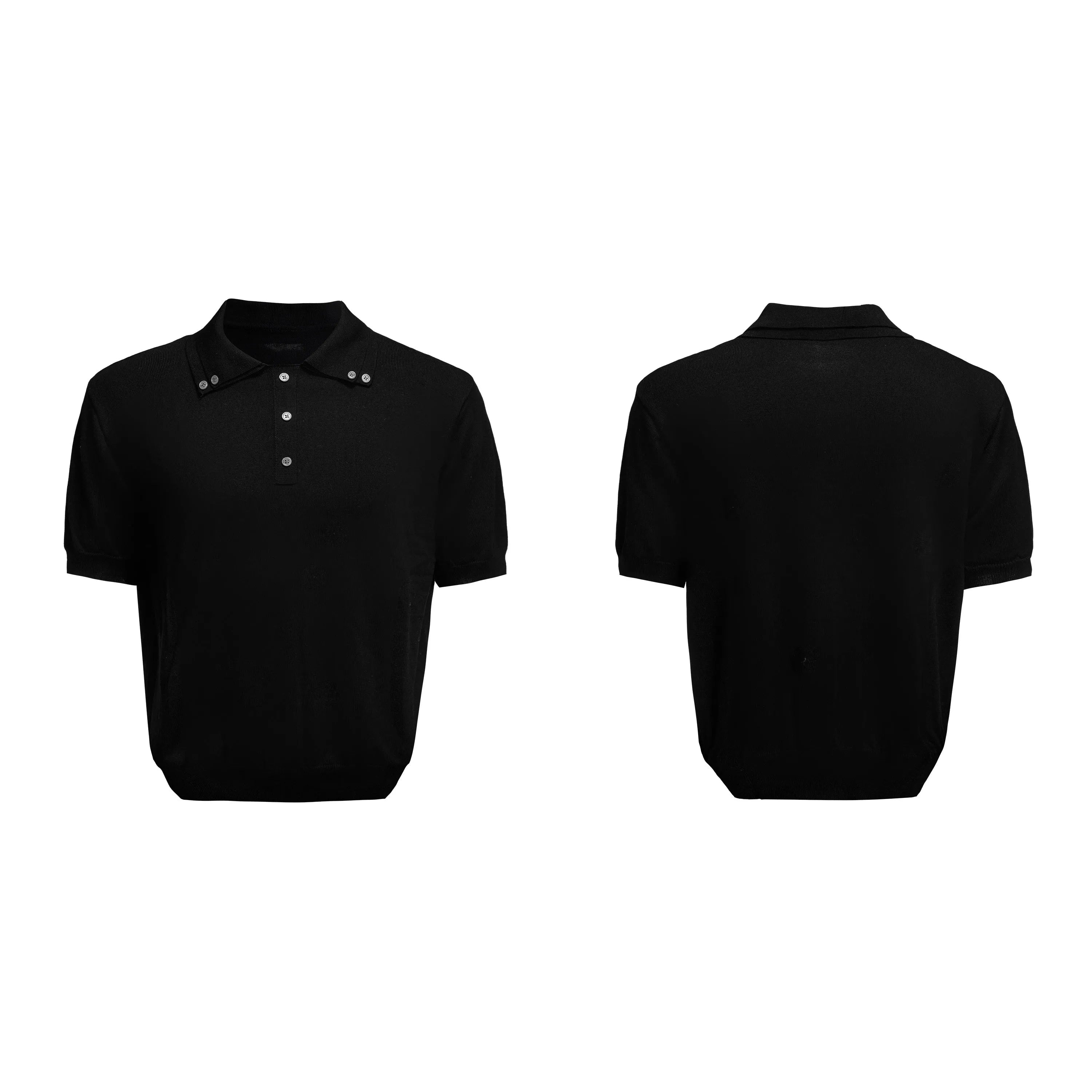 Men's black short sleeve knit shirt with double lapel collar design and ice feeling polyester fabric
