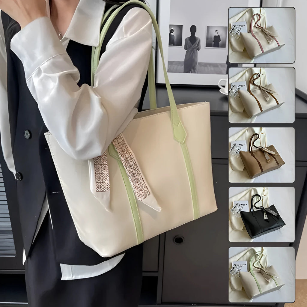 Women's soft large tote bag in a chosen colour, showing outer pockets and sewing detail.