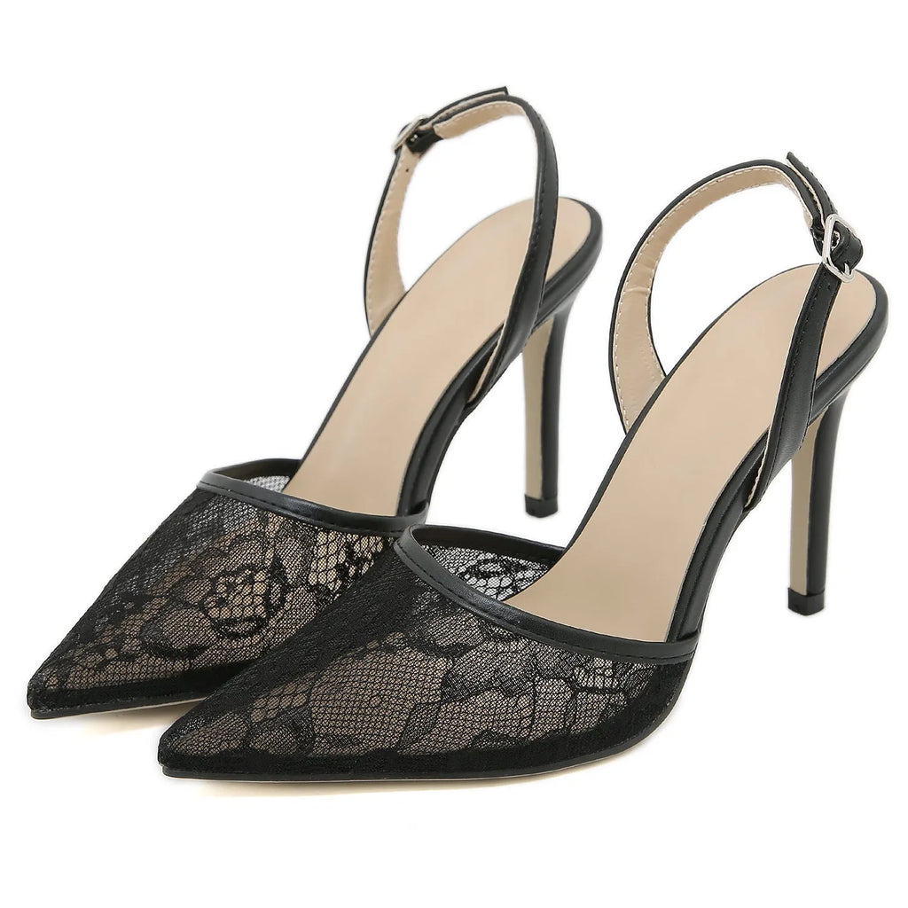 Women's French lace high heel sandals in black with pointed toe and microfiber upper