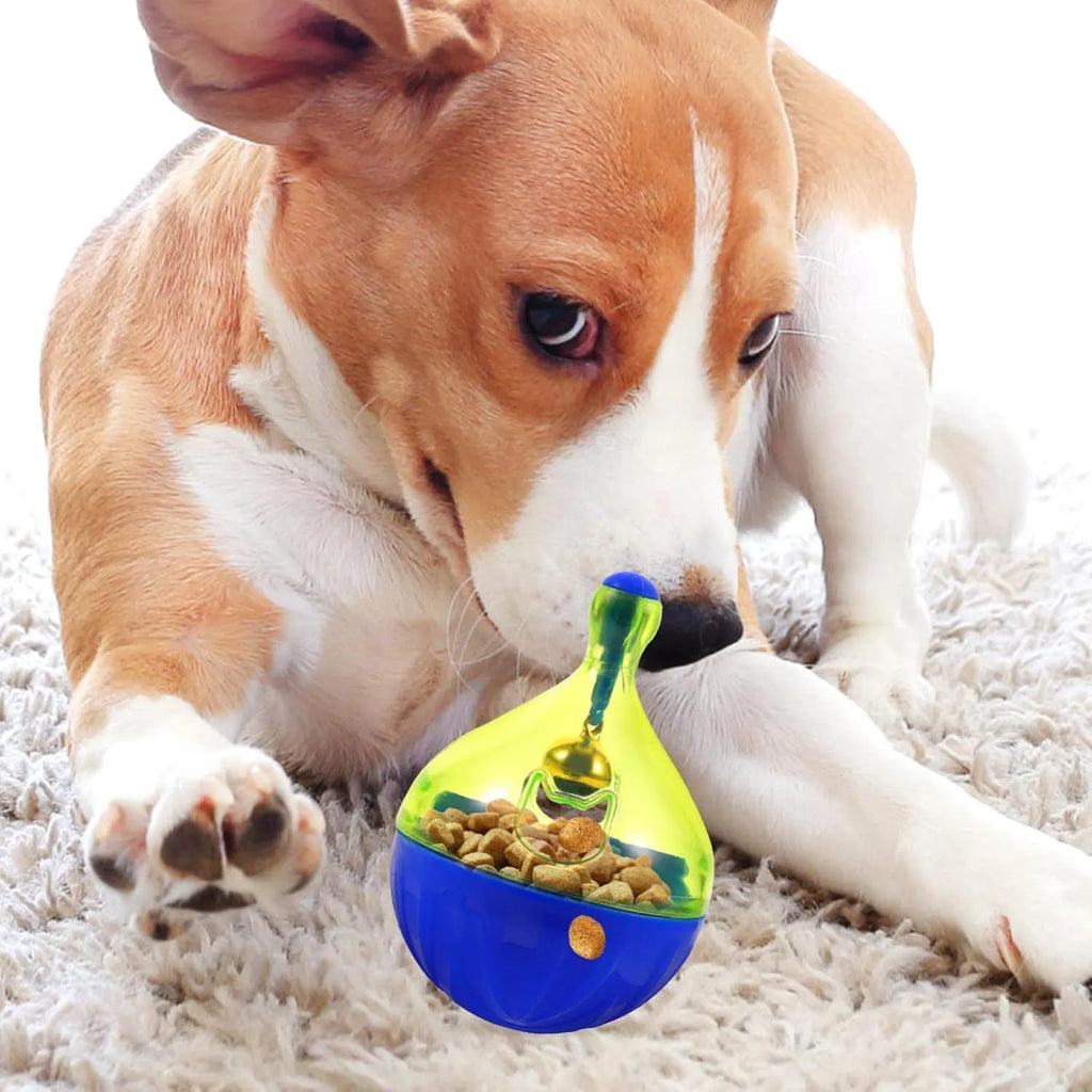 Blue tumbler-shaped interactive pet treat dispenser toy for dogs and cats