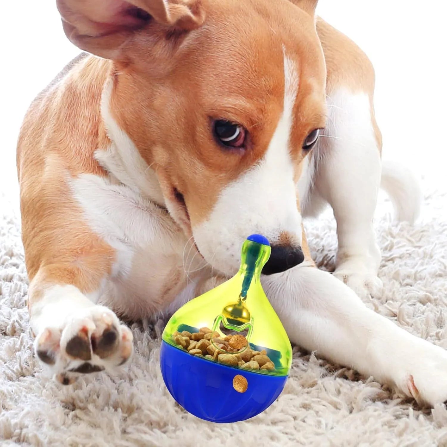 Blue tumbler-shaped interactive pet treat dispenser toy for dogs and cats