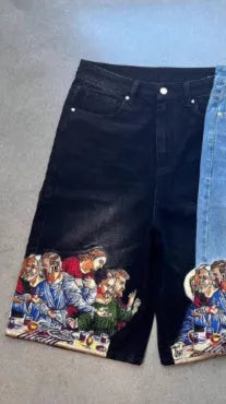 Men's blue cotton shorts with Jesus print on back pocket showing tapered leg fit