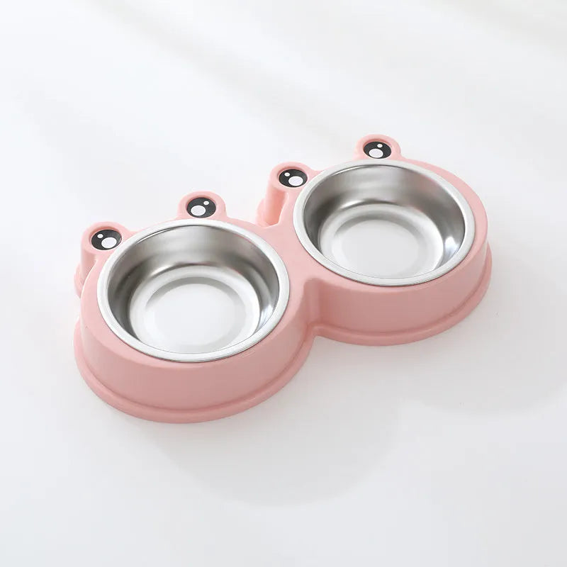 Stainless steel double pet bowl set with anti-slip frog base in blue, for cat or dog food and water.